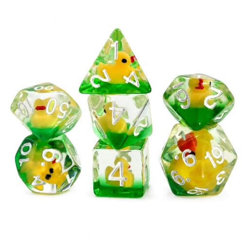 Duck Dice for Tabletop RPGs, 7-Piece Green Resin DND Set with White Numbers