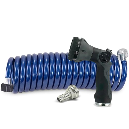 Image of SpringHose RV Quick Connect Water Hose w /Nozzle, 3 /8-in x 15-ft | Blue, Coiled RV Water Hose, Drinking Water Safe, Premium Polyurethane, Male Adapter, Spray Nozzle, Made in Canada