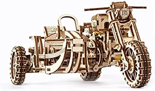 UGEARS Motorcycle with Sidecar 3D Puzzles - UGR-10 Motorcycle Scrambler Wooden Model Kits for Adults to Build - Retro Design Sidecar Motorbike Model Kit with Rubber Band Motor - Model Building Kit