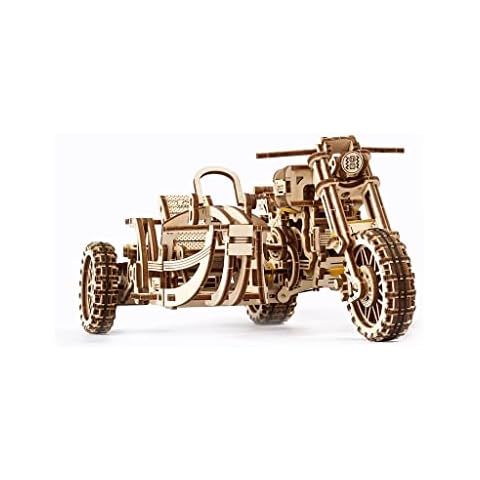 UGEARS Motorcycle with Sidecar 3D Puzzles - UGR-10 Motorcycle Scrambler Wooden Model Kits for Adults to Build - Retro Design Sidecar Motorbike Model Kit with Rubber Band Motor - Model Building Kit Cover