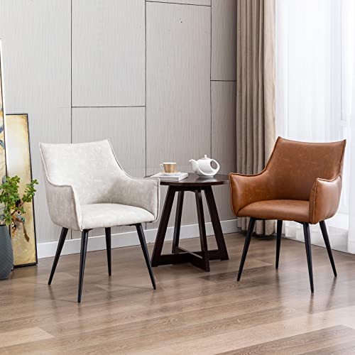 Guyou Brown Leather Dining Chairs Set Of 2, Modern Armchair Accent Chair Comfy Desk Chair Side Chair With Arms And Metal Legs For Kitchen Dining Room Bedroom Small Corner(Brown) #TOP6