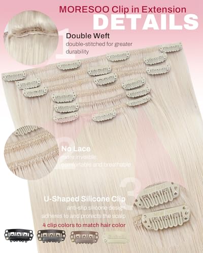 Image of Moresoo Platinum Blonde Clip in Hair Extensions, #60A Cool-Toned Blend | Real hair extensions clip ins long, 120g 7pcs 16 inch, seamless match to add blonde highlights full head