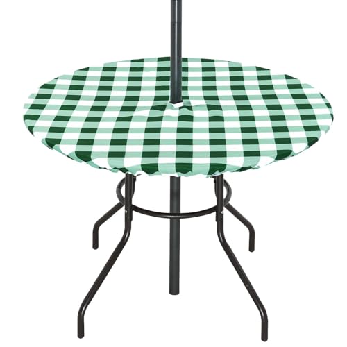 Poise3EHome Fitted Round Green Checkered Outdoor Tablecloth, Polyester SpillProof Plaid Table Cloth with Umbrella Hole Zipper Elastic for Patio Garden Poolside Picnic Fits to 32"-38" Patio Table by Poise3EHome - Used condition - US$6.89
