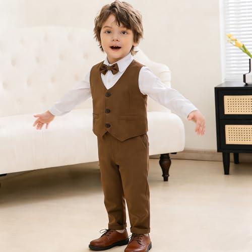 Image of Baby Boys Gentleman Formal Suit Set with Vest, Pant, Shirt, and Bow Tie, Weding 4Pcs Outfit