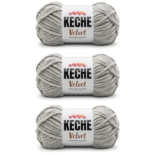 Image of Keche Velvet Yarn for Crocheting, Soft Chenille Bulky Baby Blanket Amigurumi Yarn 100 gr (132 yds) 3 Skeins - Light Gray