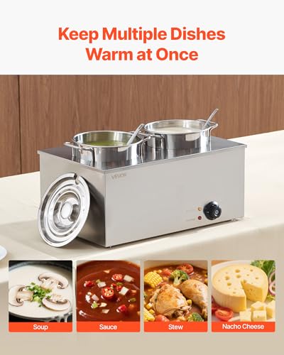 Image of VEVOR Electric Soup Warmer, Two 6.34QT Stainless Steel Round Pot with 86~185F Adjustable Temp, 1200W Commercial Bain Marie Compatible with Pans, Soup Station for Restaurant, Buffet