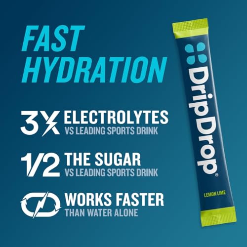 Image of DripDrop Hydration Packets - Sunburst Variety Pack - Single Serve Electrolytes Powder Drink Mix - Lemon Lime, Strawberry, Peach, Black Cherry - Non-GMO, Gluten Free, Vegan - 16 Sticks