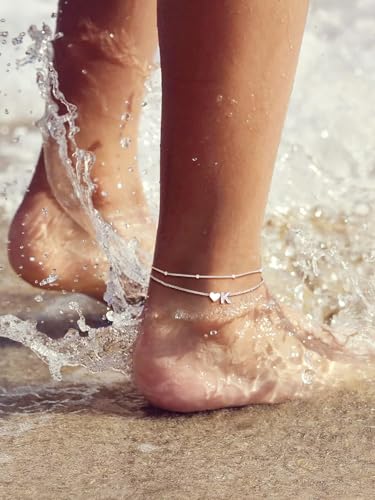Image of SILVERCUTE Silver Anklets for Women, Waterproof Initial Heart Ankle Bracelets Sterling Silver, Adjustable Layered Foot Jewelry Summer Beach Fashion with Personalized Name Design, Gift Package