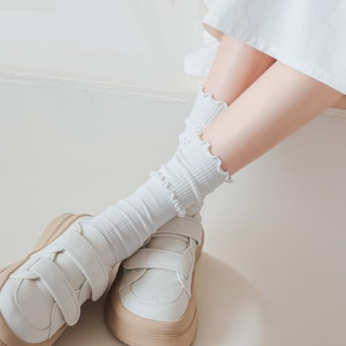Image of zrylibya Women Cute Ruffle Frilly Socks Solid Candy Color Casual Rib Knit Crew Socks 4 Pairs (Black,White,Purple,Green)