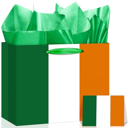 Ireland Flag Gift Bag with Card & Wrapping Paper,St. Patrick's Day Gift Bag The Tricolour Gift Bag for Irish Theme Party Decoration,National Day of Ireland,Easter Rising,Irishman Birthday Goodie Treat Bag