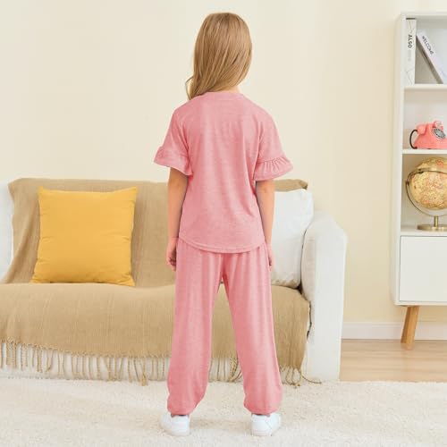 Image of Kids Girls Outfits Ruffle Sleeve T-Shirt Pants Set 2Piece 4-13 Years