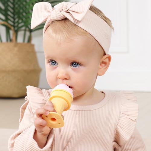 Image of Smily Mia Ice Cream Cone Baby Teething Toys, Water-Filled Freezable Teether for Babies&Infants, Teething Relief for 0-18 Months, Not-Too-Cold-to-Hold Freezer Teether for 3-6 6-12Months, Peach Pink