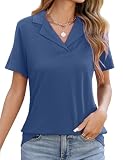 HEEKPEK Blusas Mujer Verano Polo Shirts Manga Corta Cuello en V Elegante Camisa de Trabajo Clásica con Solapa Camisetas Casual Básica Moda T Shirts Color Sólido Tunic Tops(Azul Marino,L)