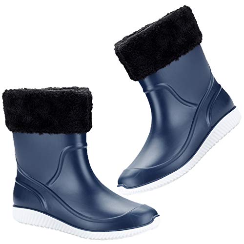 Image of ANUFER Men's Mid-Calf Snow Rain Boots Outdoor Waterproof Gardening Farm Boots with Removable Fluff Lining