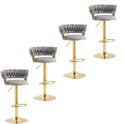 Juego de 4 taburetes de bar de terciopelo ajustables en altura con respaldo, taburetes de cocina giratorios de 360°, elegantes sillas de barra de desayuno, peso máximo 150 kg, asiento de comedor gris