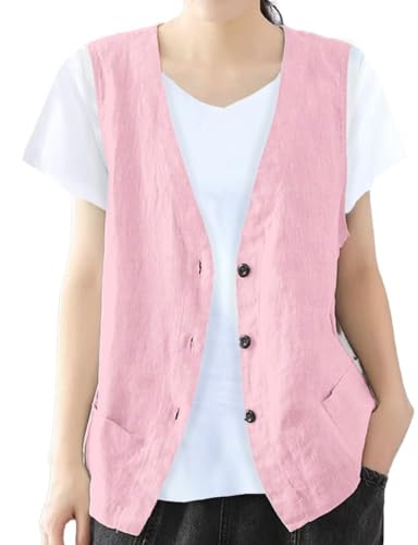 ايديلسانكسن سترة نسائية من القطن والكتان بدون اكمام، سترات عصرية كاجوال خفيفة الوزن، سترة صدرية (بينك، XL)