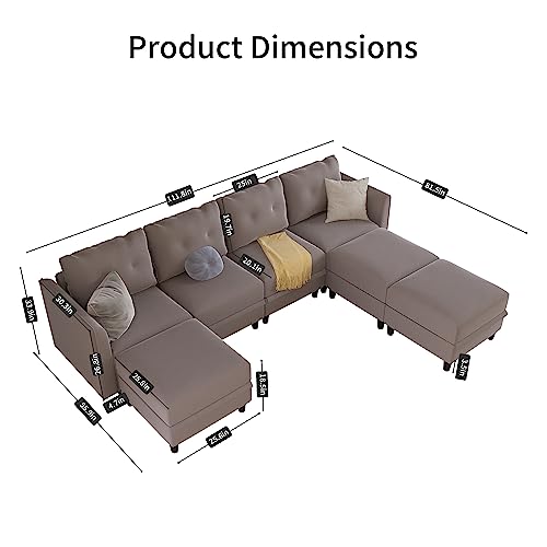 Llappuil Modular Sectional Sofa With Reversible Chaises, 7 Seater U Shape Sectional With Storage, Waterproof, Anti-Scratch And Antistatic Couch, Brown #TOP1