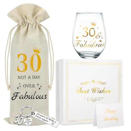 DEARLIVES Copas de vino de 30 cumpleaños, regalos personalizados de 30 años, regalos de copa de vino dorada, bolsas de botellas de 17 onzas