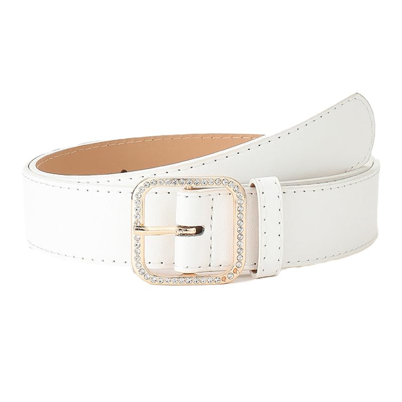Women's PU Leather Belt with Square Crystal Diamond Buckle