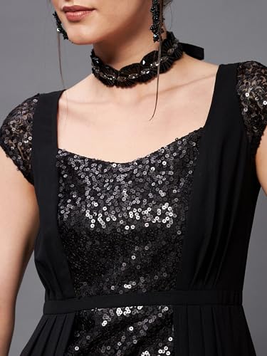 Image of Miss Chase Women's Round Neck Sleeve Embellished Fit Flare Maxi Dress