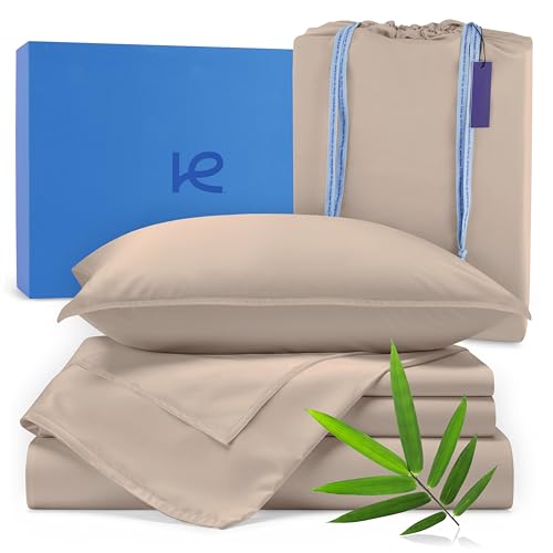 Kickoff Viscose Bamboo Sheets Twin Size 3-pc 100% Organic Bamboo Viscose Bed Cooling Sheets Twin Size Set Cool Bedding for hot Sleepers Sheet, Flat, Fitted, Pillowcase (Iced Latte, T)