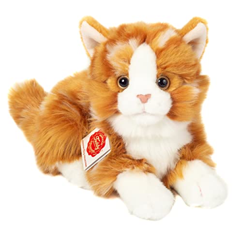 Teddy Hermann 91837 Cat lying red tiger 20 cm, cuddly toy with 75% recycled filling material, 20 cm, getigtert