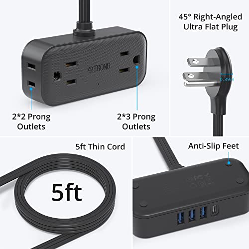 Flat Plug Extension Cord, Trond 5 Ft Ultra Thin Power Strip With 3 Usb A And 1 Usb C Ports, 4 Widely Spaced Outlets, Slim Desktop Charging Station For Cruise Ship, Travel, Home, Dorm Essentials, Black #TOP7