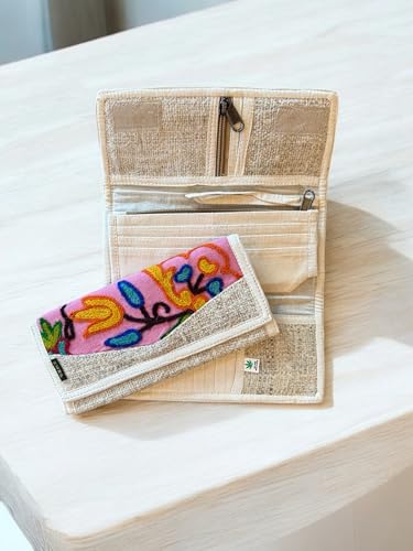 Asatre Hemp Tri-Fold Embroidered Wallet - Pink or Green (Pink)2