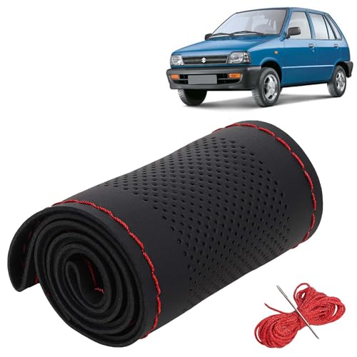 Image of KINGSWAY PU Leatherite Car Steering Cover Sewable Compatible with Maruti Suzuki 800 (Year 2000-2014), Black Color with Red Thread, Pack of 1 with Sewing Needle and Thread