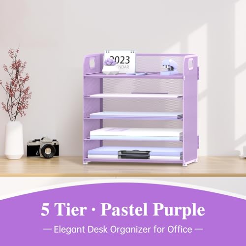 SUPTIDY 5 Trays Paper Organiser Letter Tray with Handle-Mesh Desk File Organiser - Image 2
