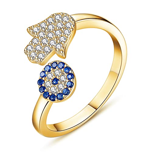 SLOONGEvil Eye Hamsa Hand Ring 14k Gold Plated Third Eye White Zircon Gemstone Blue Cz for Women