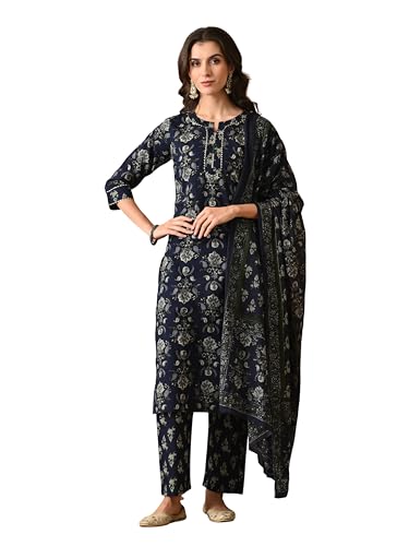 Image of Amazon Brand - Tavasya Women Cotton Anarkali Kurta Pant Dupatta Set | Printed Ethnic Suit Set | Flared Anarkali Kurta with Pant & Dupatta | Festive & Casual Wear