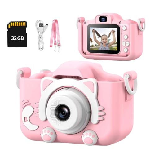 Câmera Digital Infantil 1080p + Cartão MicroSD 32 GB Incluso – Portátil, Recarregável, Tela LCD, Games, Antichoque – Presente Educativo para Crianças (Rosa)