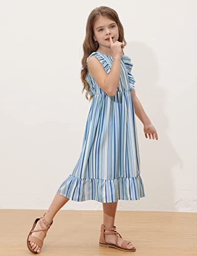 Grace Karin Girls Summer Beach Dress Ruffle Sleeve Blue And White Stripe A-Line Midi Dress 8Y #TOP25