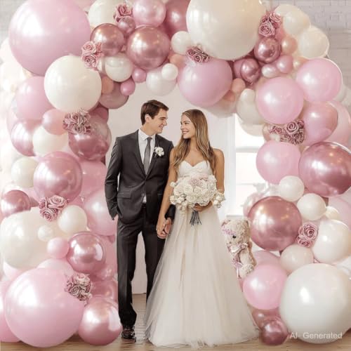 Image of Zesliwy Pink and White Balloons Arch Kit,Double Stuffed Pearl Light Pink Metallic Pink Balloon Sand White Beige Ivory Balloons Garland for Birthday Wedding Valentine's Day Bridal Shower Party Decor