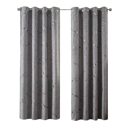 Petrichor Luxury Gray Velvet Curtains, Gold & Silver Foil Marble Pattern, 75% Light Blocking, Thermal Drapes, 52' Wide x 84' Long, 2 Panels for Bedroom and Living Room