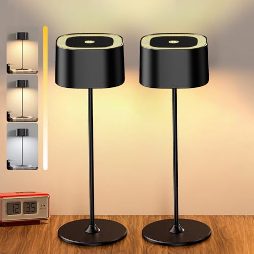 2 Stück Dimmbare LED Akku Tischlampe Kabellose Touch Tischleuchte mit USB-C Metall LED Wiederaufladbar Akku Tischlampe IP54 Wasserdicht Aluminium Outdoor Tischleuchte 5600mAh 5W Schwarz