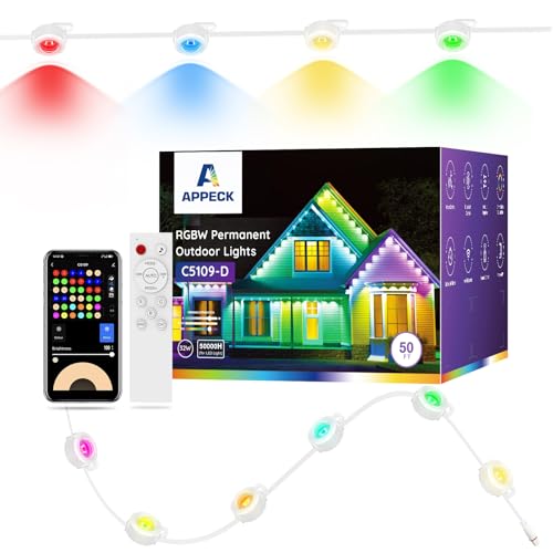 Image of APPECK Permanent Outdoor Lights 50ft with 36 RGBW LEDs, 111 Scene Modes, Eaves Lights with 40lm Warm White, for Daily Holiday House Decor, App /Voice /Remote Control, White