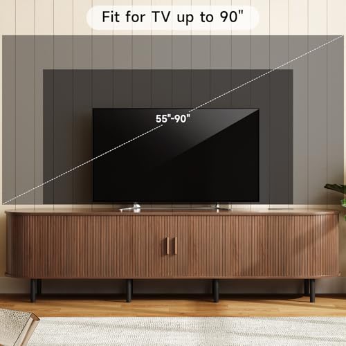 Image of ONBRILL 86.6 inch TV Stand with Power Outlet for TVs up to 90 Inch, Entertainment Center with Storage and Adjustable Shelves, Modern Media Console with Sliding Doors for Living Room, Walnut