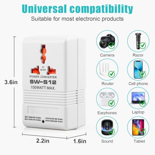 Image of Voltage Converter 110V to 220V Step-Up & Step-Down Power Two-Way Conversion Voltage Converter Transformer for Travel, RV, and Camping (100W-White)