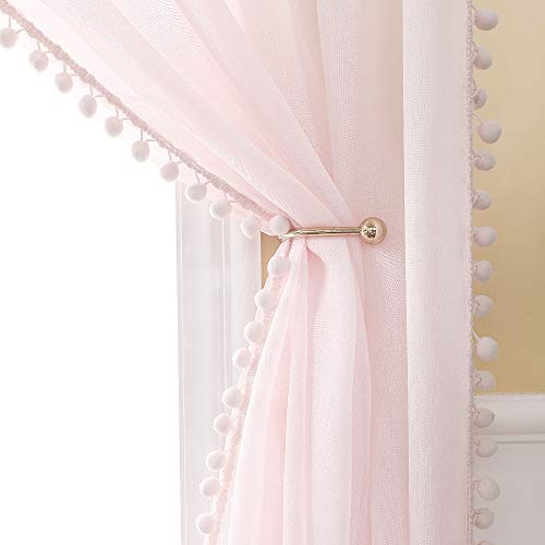 MIULEE Linen Textured 2 PCs 72 Inches Length Pink Window Sheer Curtains with Pom Pom for Bedroom Living Room Semi Transparent Kids Voile Panels for Light Filtering 54 x72 Baby Pink by MIULEE - Used condition - US$9.21