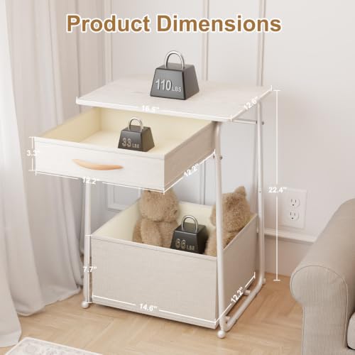 Image of Olldide White Side Table with Storage Basket, End Tables with Fabric Drawer