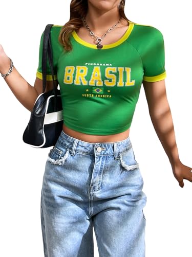 Women's Letter Graphic Round Neck Contrast Binding Crop Tee Short Sleeve Slim Fit Pullover T Shirt Green Medium