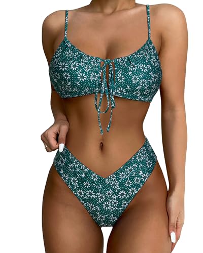 SUUKSESS Women High Waisted String Bikini Sets Sexy Two Piece Cheeky Cutout Swimsuits High Cut Bandeau Bathing Suit(Green White Floral,Small)