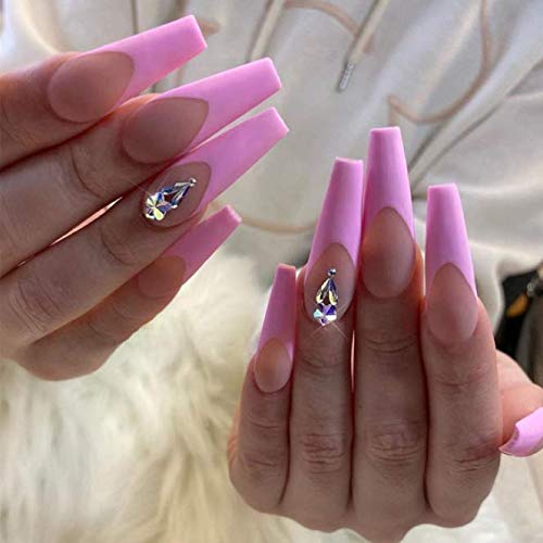 Aksod Matte Gradient Pink Crystal V-Shape Press on Nails 3d Bling Extra Long Square Coffin Fake Nails Ombre Solid Geometric Flower Art Acrylic Ballerina False Nails French Nails Tips for Women a