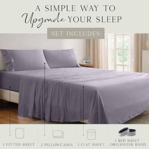 Image of KARISSA MAE Luxury Bamboo Viscose Queen Size Sheet Set | FSC Certified | Cooling | Ultra Soft | 18 inch Deep Pockets | Elastic Corner Straps | Includes Organizer Band [Plum]