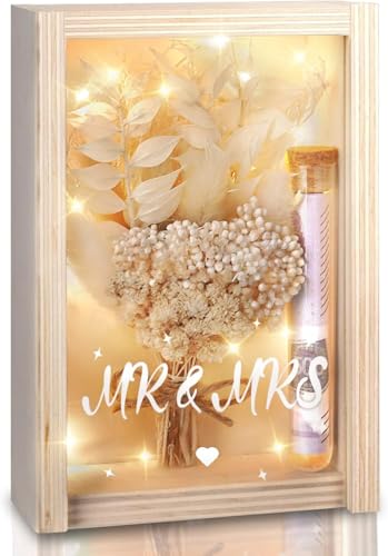 Wedding Gift Box Unique Money Gift Set with Dried Flowers Wooden Box Fairy Lights Plastic Test Tube Creative Anniversary Newlyweds Present for Couples Family Friends Elegant Beige