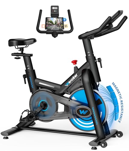 WENOKER Bicicleta de apartamento con aplicación y resistencia ajustable, bicicleta de spinning silenciosa con pantalla LCD, ergometro de hasta 160 kg, bicicleta de fitness para entrenamiento