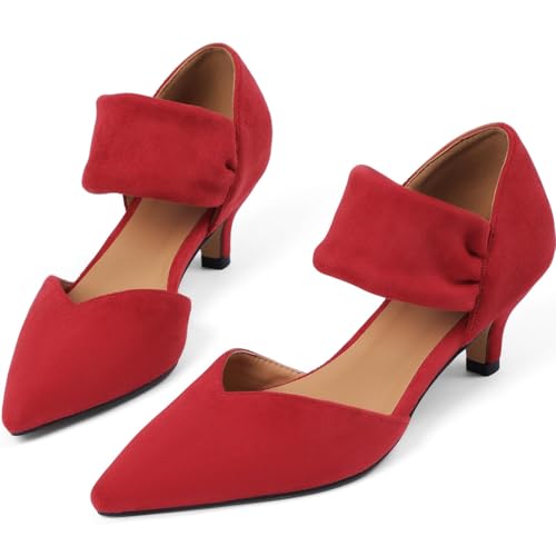 Image of Pointed Toe Low Kitten Heels Women Ankle Strap Slip on Pumps | Closed Toe, 2.2 Inch short heels,Synthetic Upper /Suede,Bridal Dress Shoes - 8 Colors, Wedding, Party and Formal Events