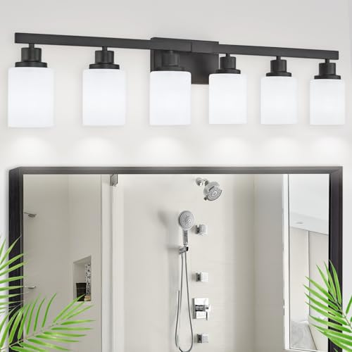 Image of 6-Light Black Vanity Lights 36.8in Bathroom Vanity Light for Mirror | White Frosted Ribbed Glass Shade Matte Bathroom Lighting Fixtures Black Wall Sconces for Bedroom Living Room E26 Base